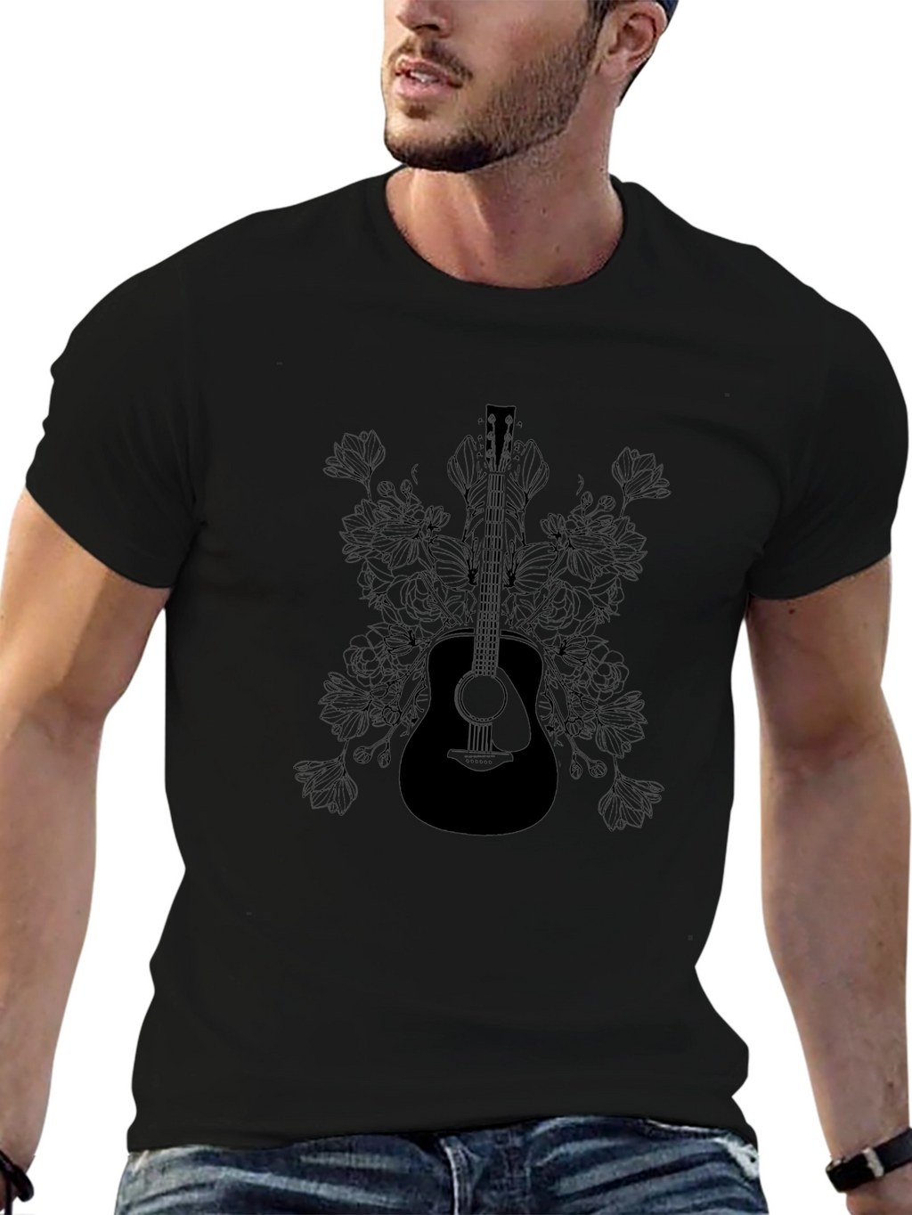 Guitar & Floral Graphic Tee - Black
