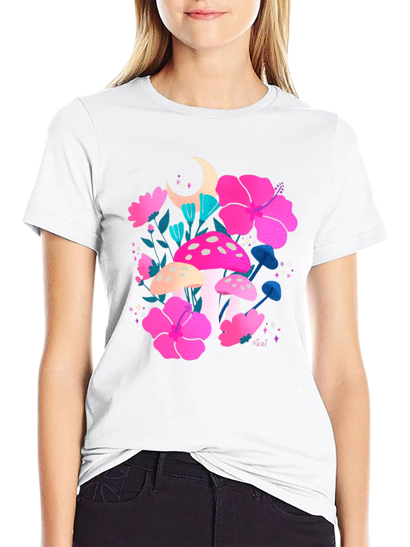 Floral Mushroom Graphic Tee - Trendy Black T-Shirt