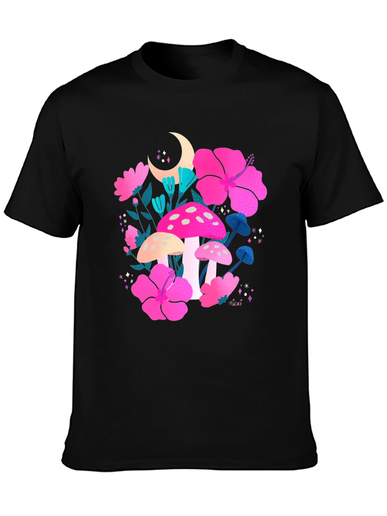 Floral Mushroom Graphic Tee - Trendy Black T-Shirt