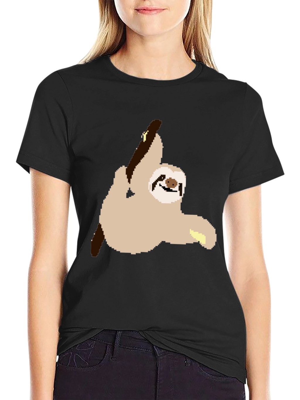 Pixel Sloth on Black T-Shirt