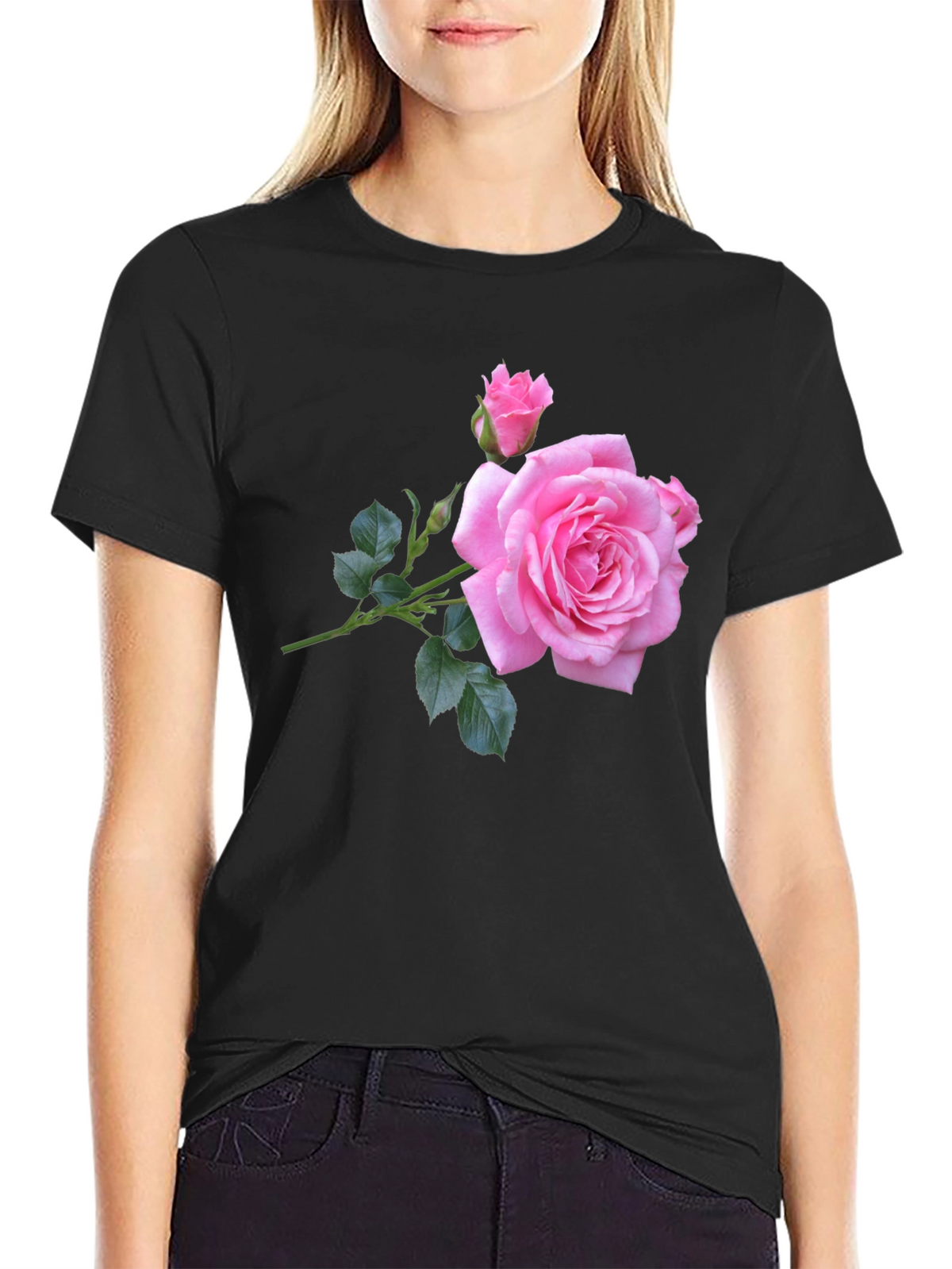 Pink Rose Graphic Black T-Shirt