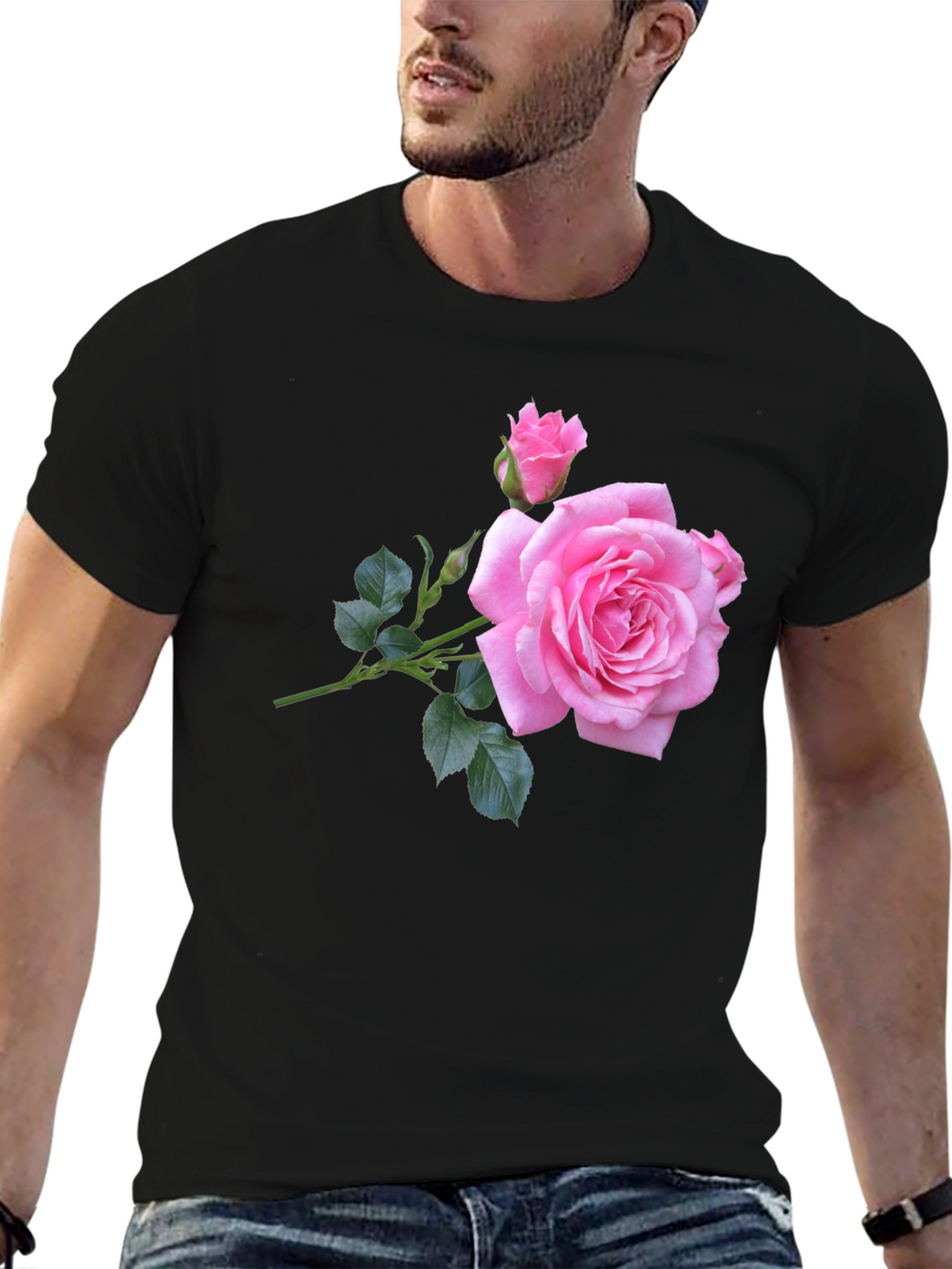Pink Rose Graphic Black T-Shirt