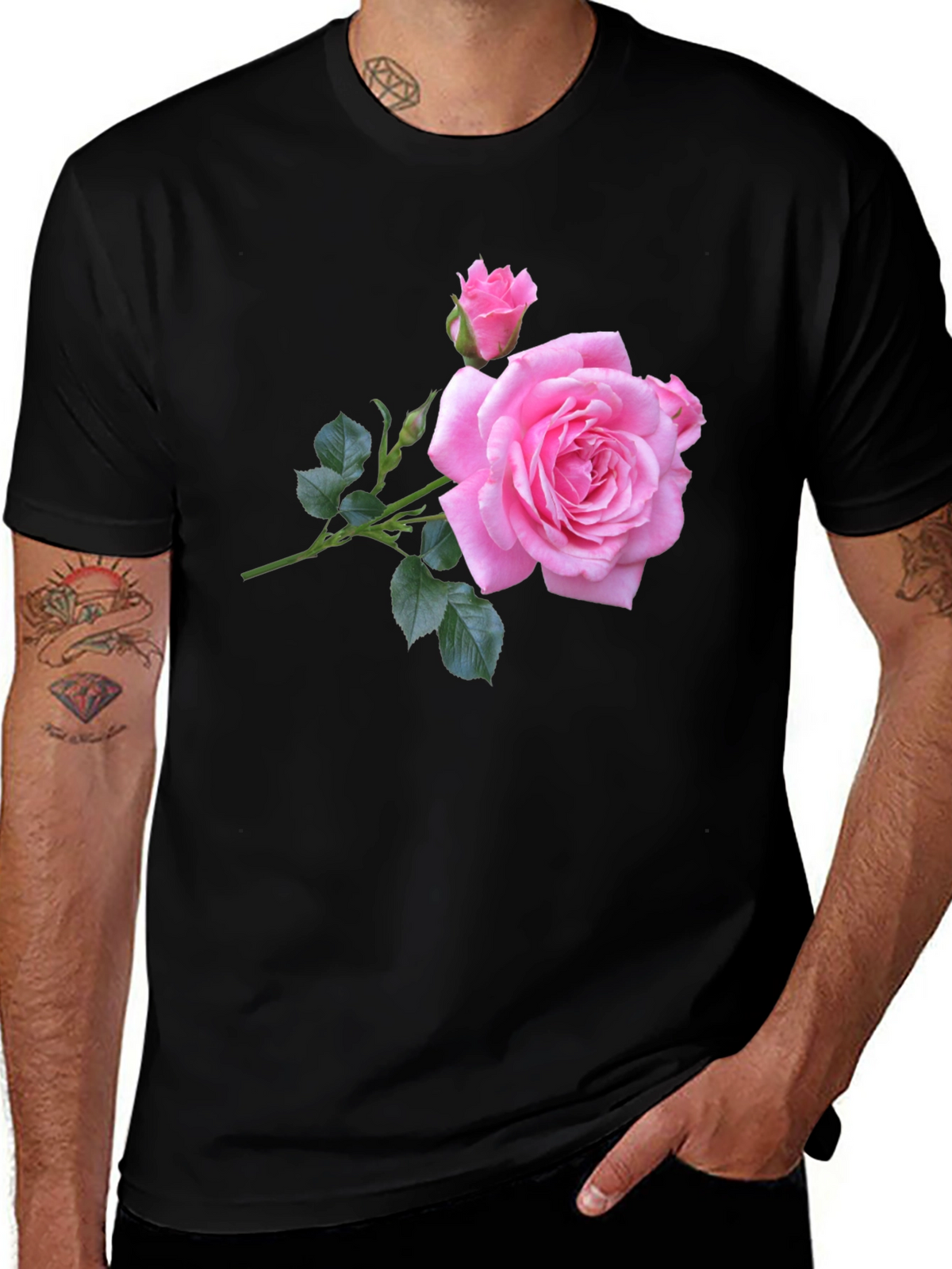 Pink Rose Graphic Black T-Shirt