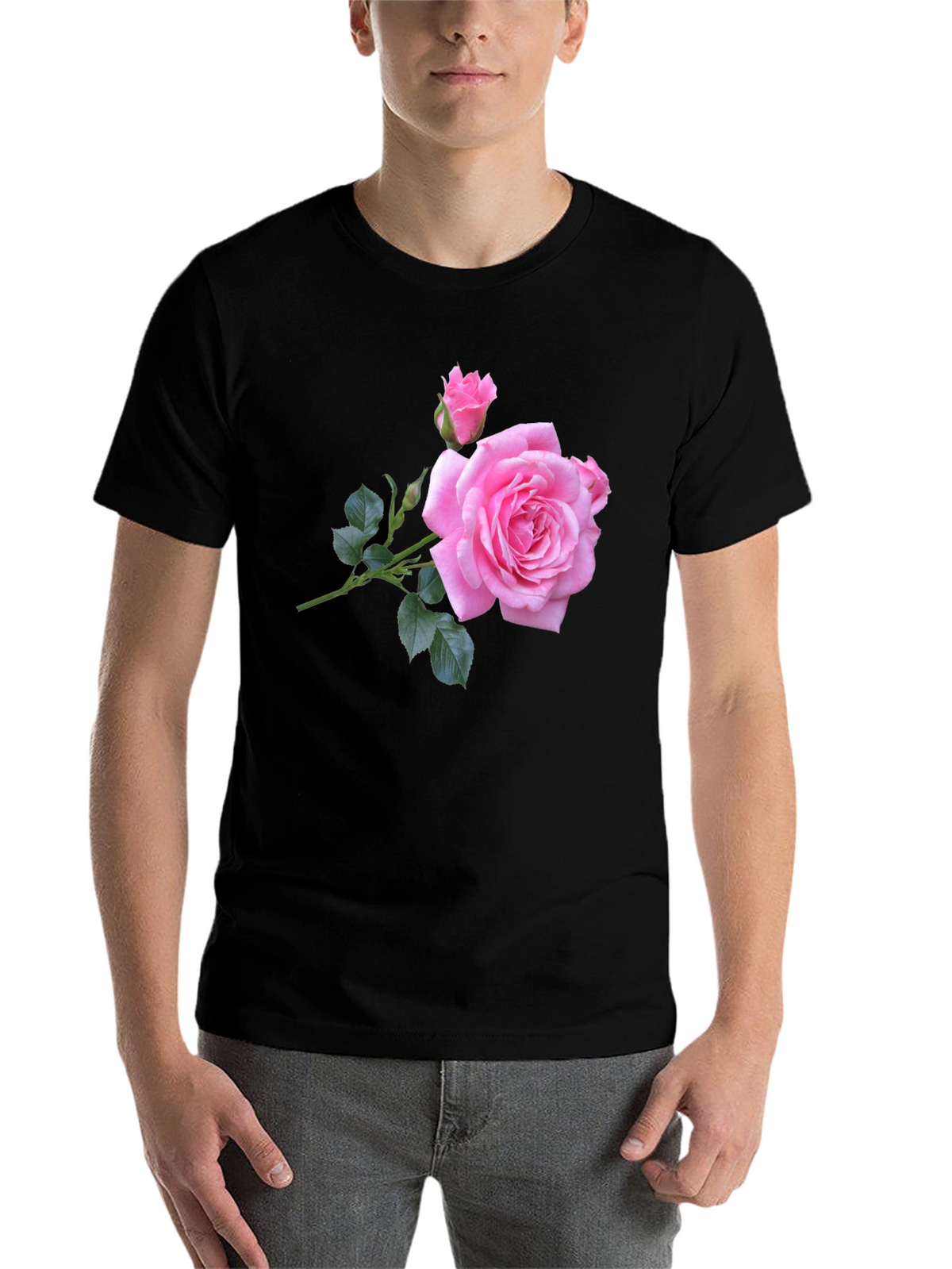 Pink Rose Graphic Black T-Shirt