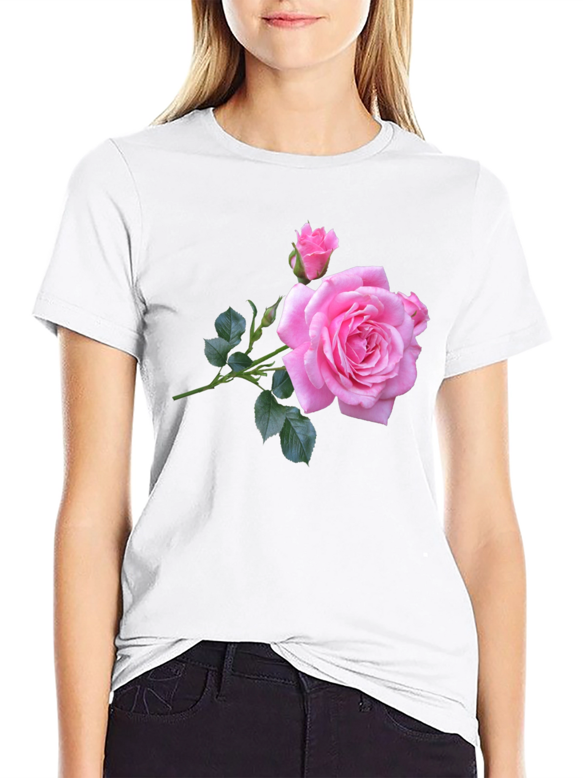 Pink Rose Graphic Black T-Shirt