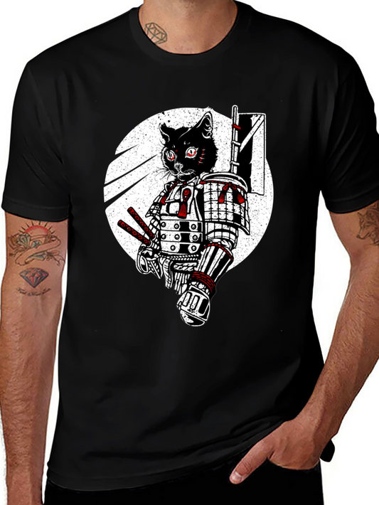Samurai Cat Graphic Tee - Black Cotton T-Shirt