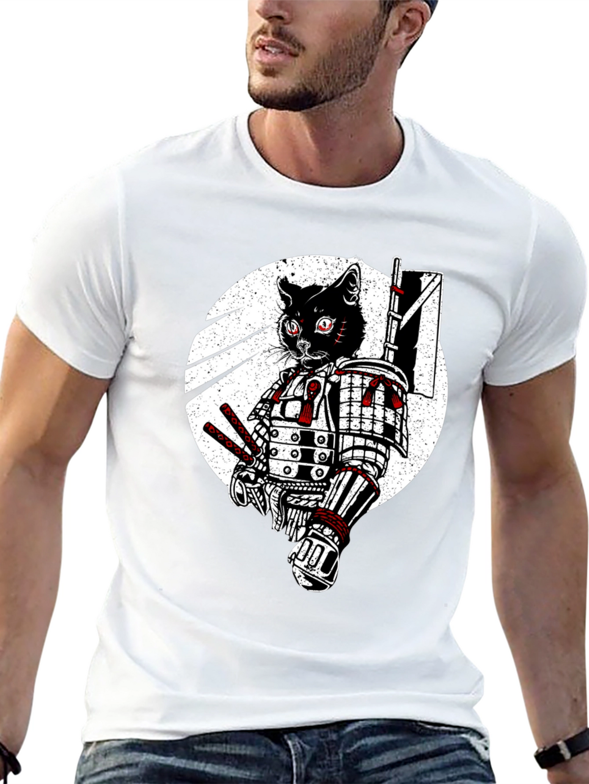 Samurai Cat Graphic Tee - Black Cotton T-Shirt