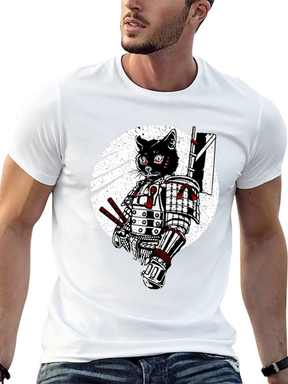 Samurai Cat Graphic Tee - Black Cotton T-Shirt