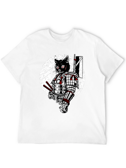 Samurai Cat Graphic Tee - Black Cotton T-Shirt