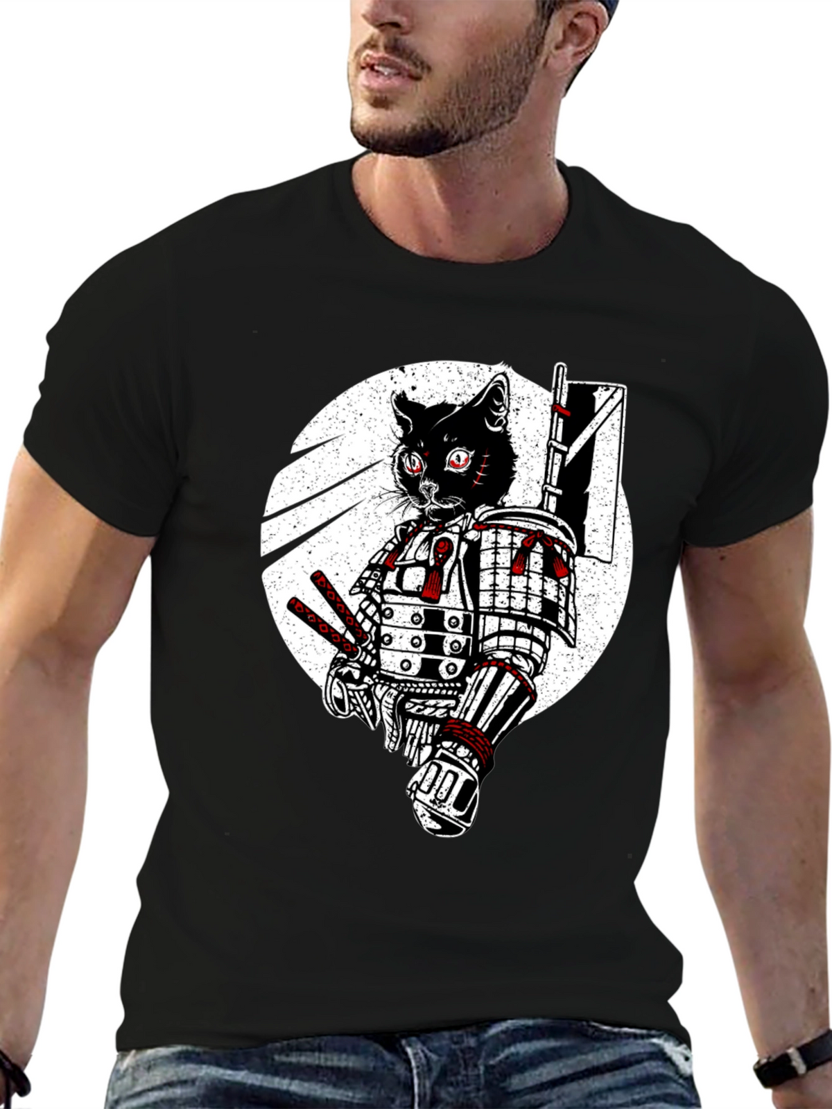 Samurai Cat Graphic Tee - Black Cotton T-Shirt