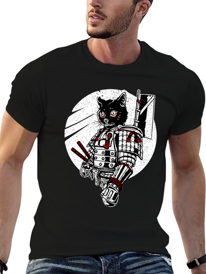 Samurai Cat Graphic Tee - Black Cotton T-Shirt
