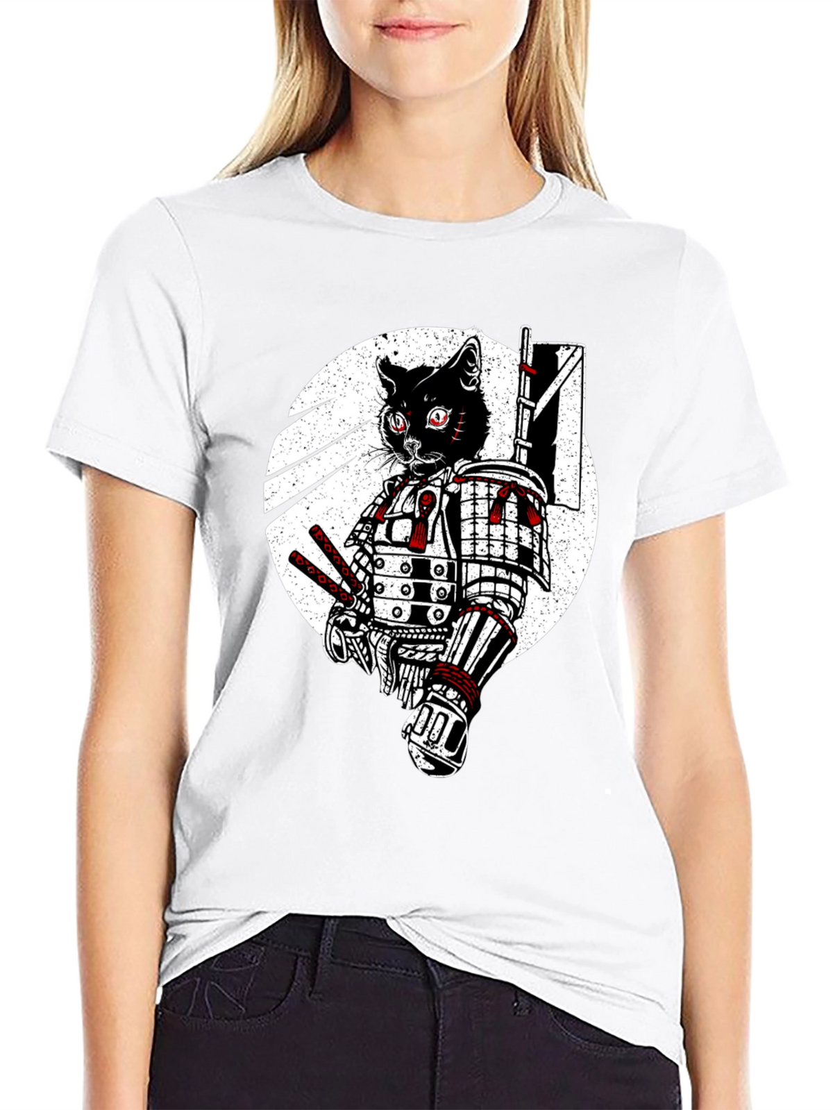 Samurai Cat Graphic Tee - Black Cotton T-Shirt