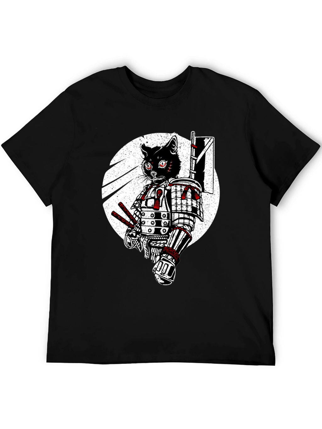 Samurai Cat Graphic Tee - Black Cotton T-Shirt