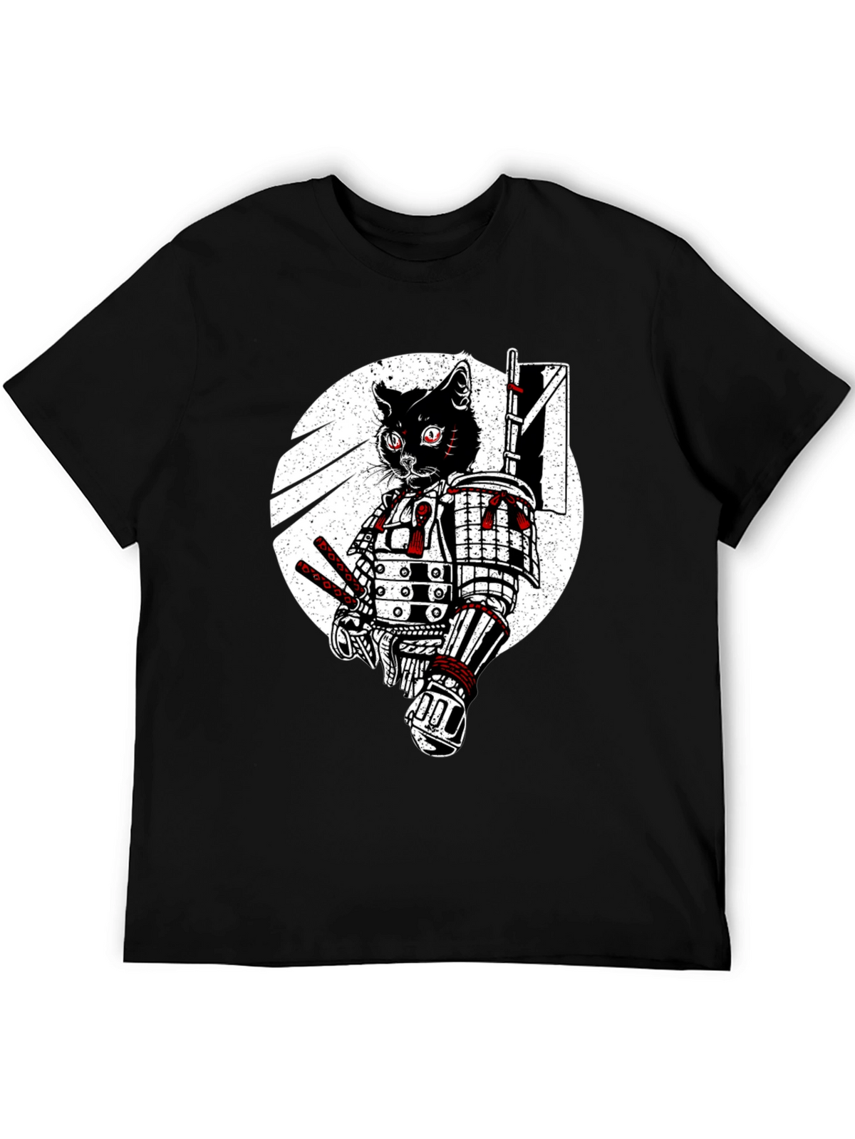 Samurai Cat Graphic Tee - Black Cotton T-Shirt