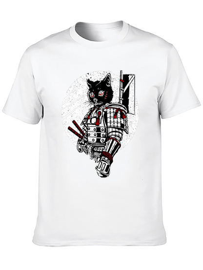 Samurai Cat Graphic Tee - Black Cotton T-Shirt