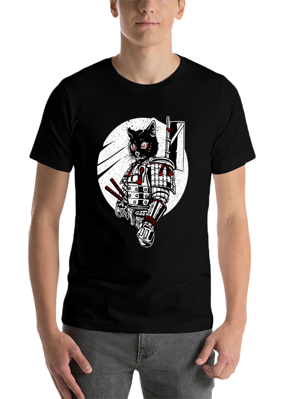 Samurai Cat Graphic Tee - Black Cotton T-Shirt