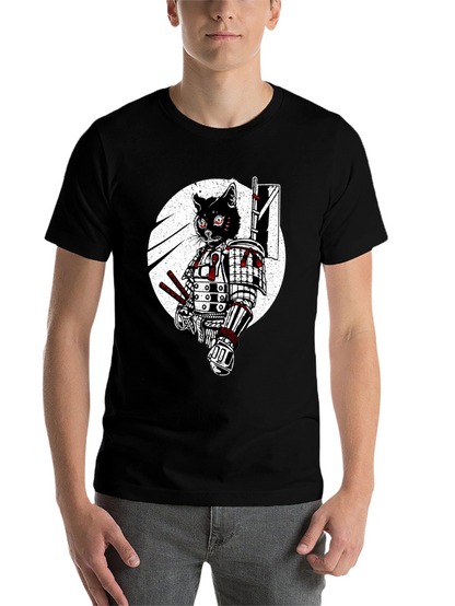Samurai Cat Graphic Tee - Black Cotton T-Shirt