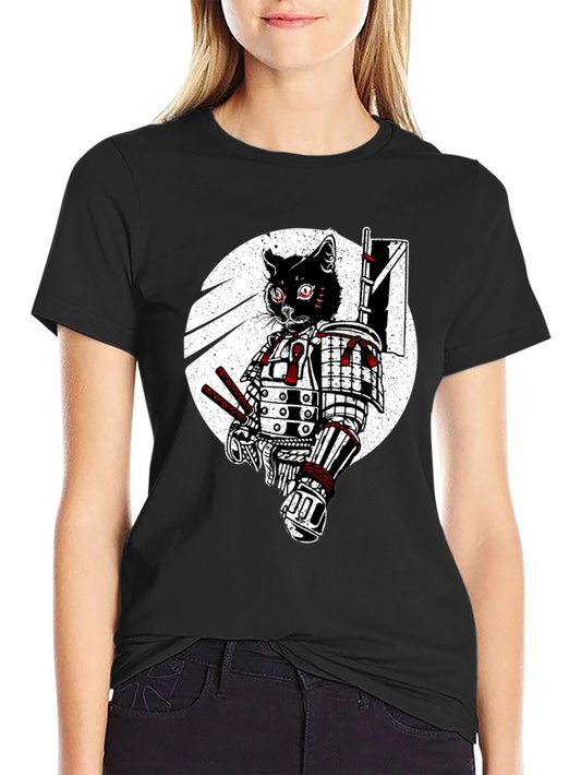 Samurai Cat Graphic Tee - Black Cotton T-Shirt
