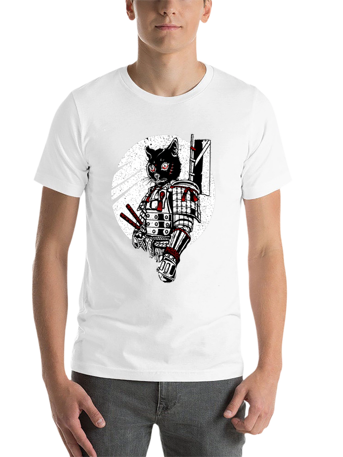 Samurai Cat Graphic Tee - Black Cotton T-Shirt