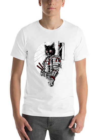Samurai Cat Graphic Tee - Black Cotton T-Shirt