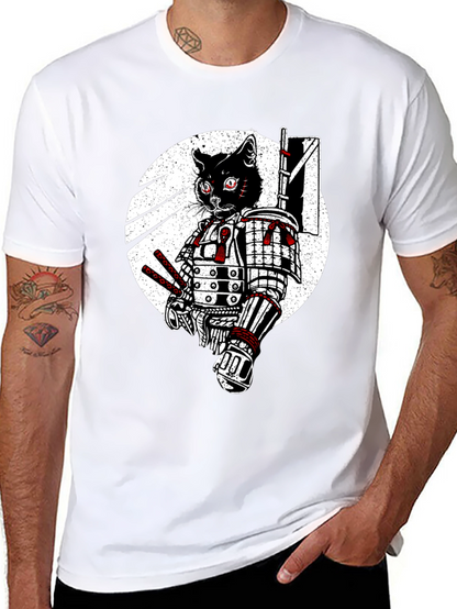 Samurai Cat Graphic Tee - Black Cotton T-Shirt
