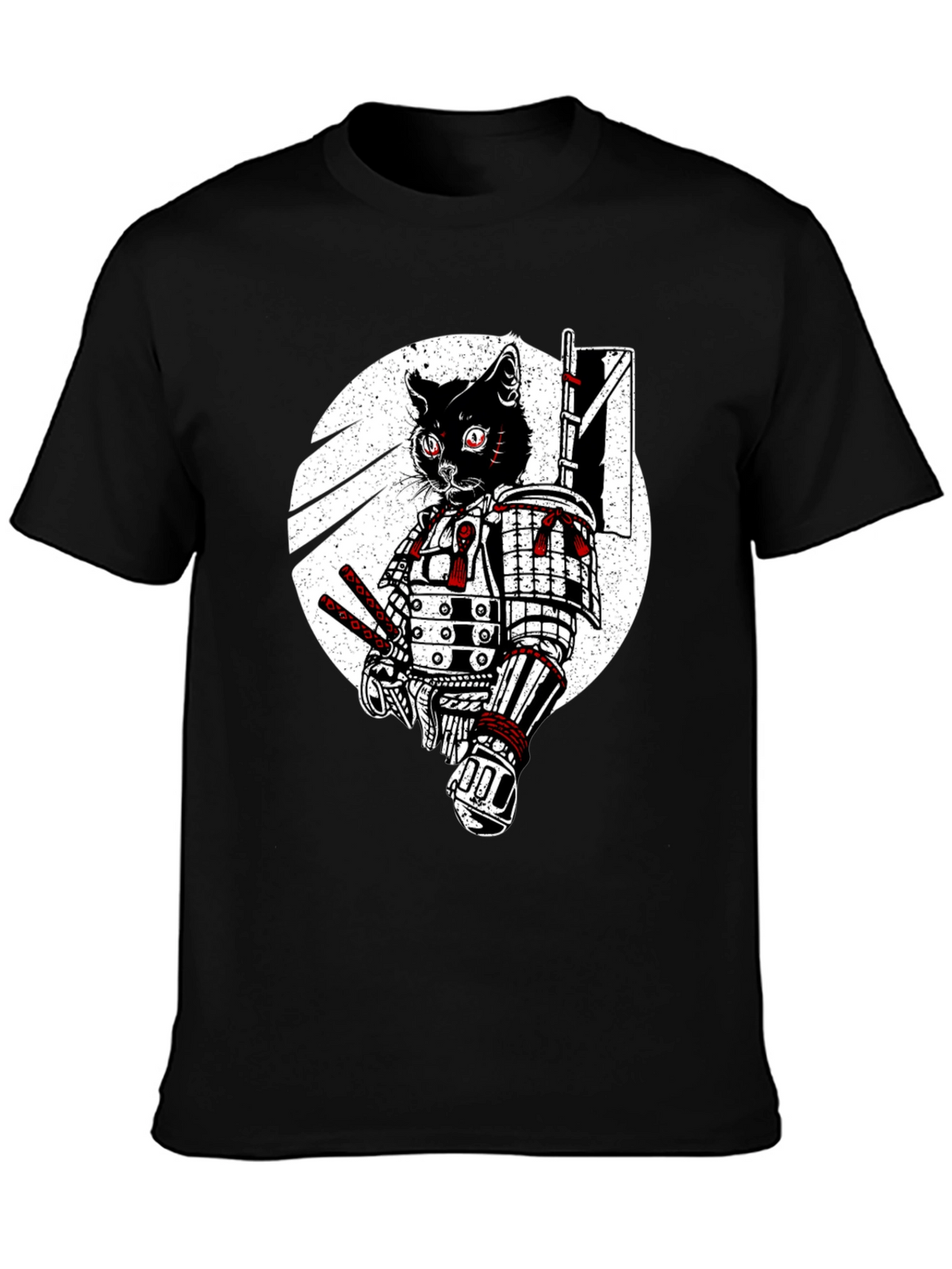 Samurai Cat Graphic Tee - Black Cotton T-Shirt