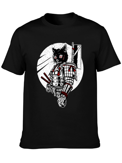 Samurai Cat Graphic Tee - Black Cotton T-Shirt