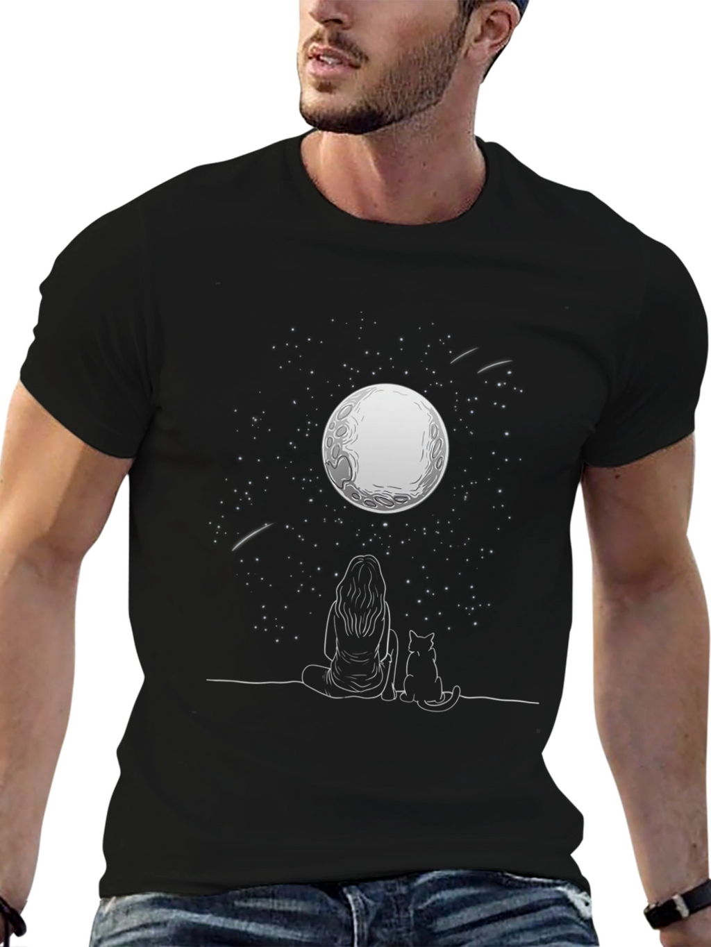 Moon Gazing Tee - Woman & Cat Under Stars