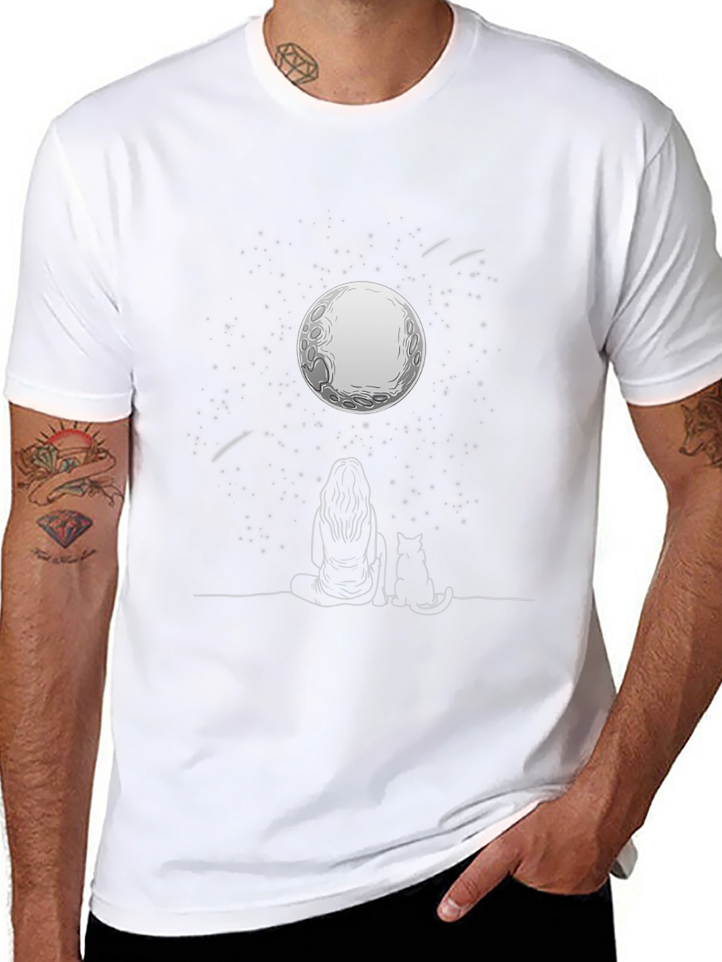 Moon Gazing Tee - Woman & Cat Under Stars