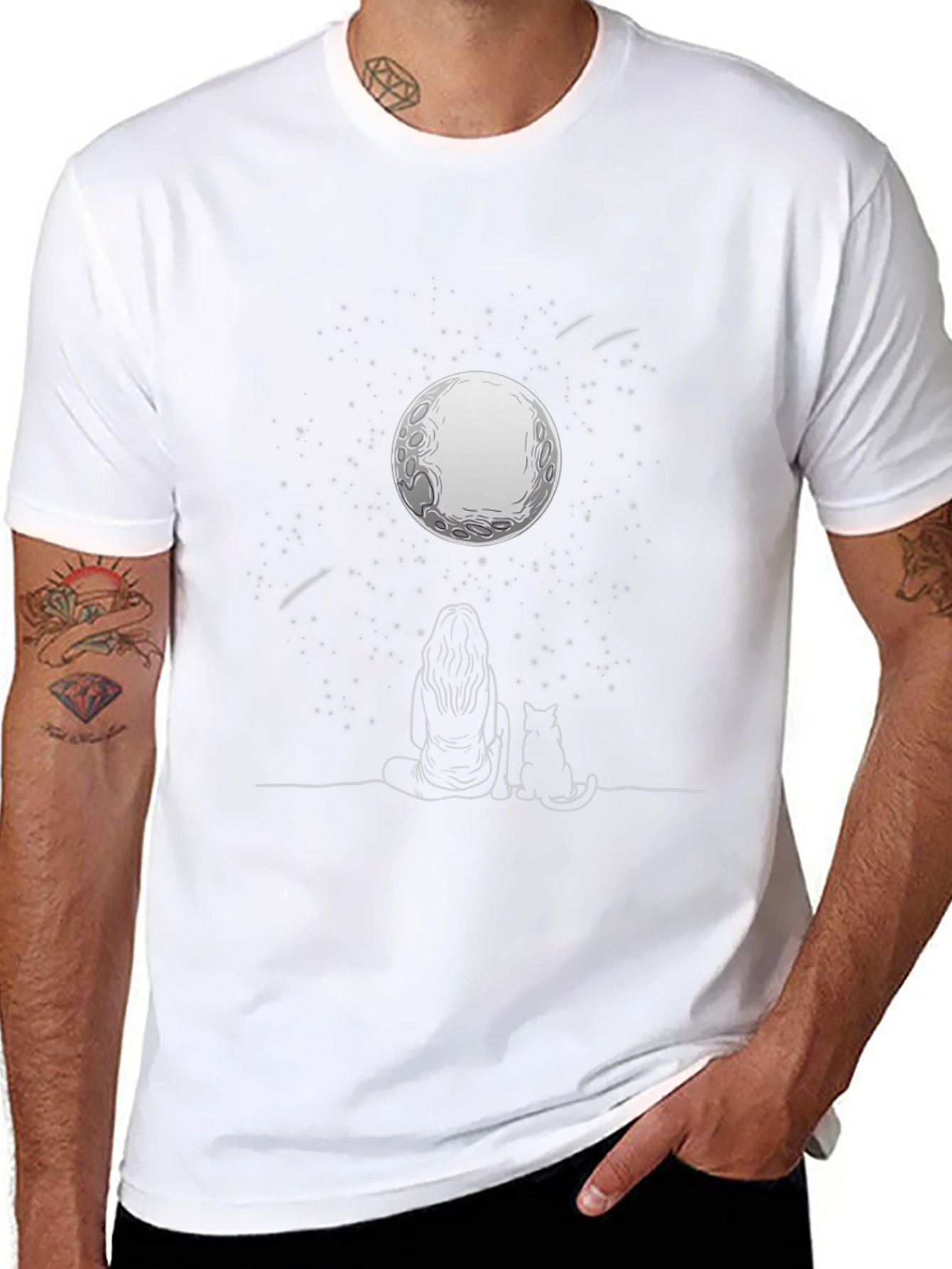 Moon Gazing Tee - Woman & Cat Under Stars
