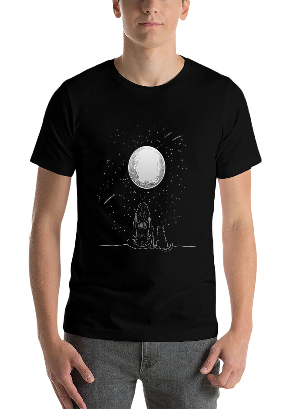 Moon Gazing Tee - Woman & Cat Under Stars