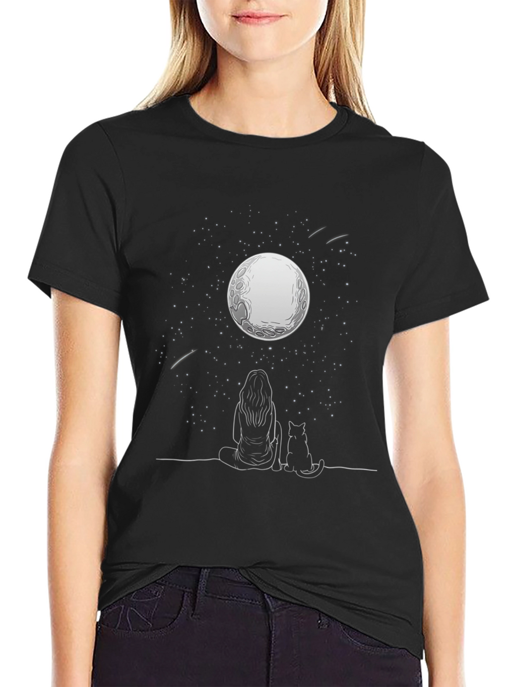 Moon Gazing Tee - Woman & Cat Under Stars