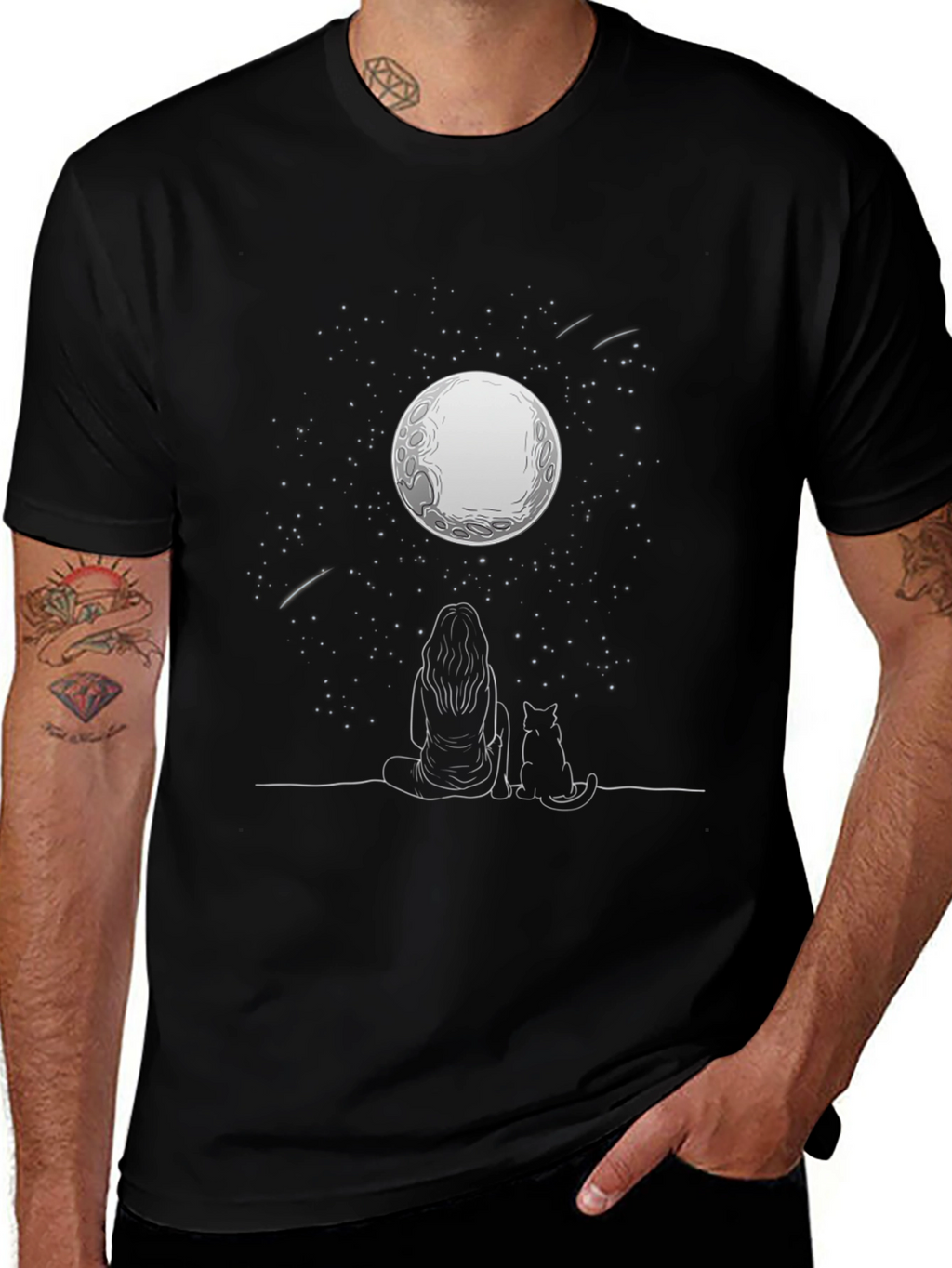 Moon Gazing Tee - Woman & Cat Under Stars