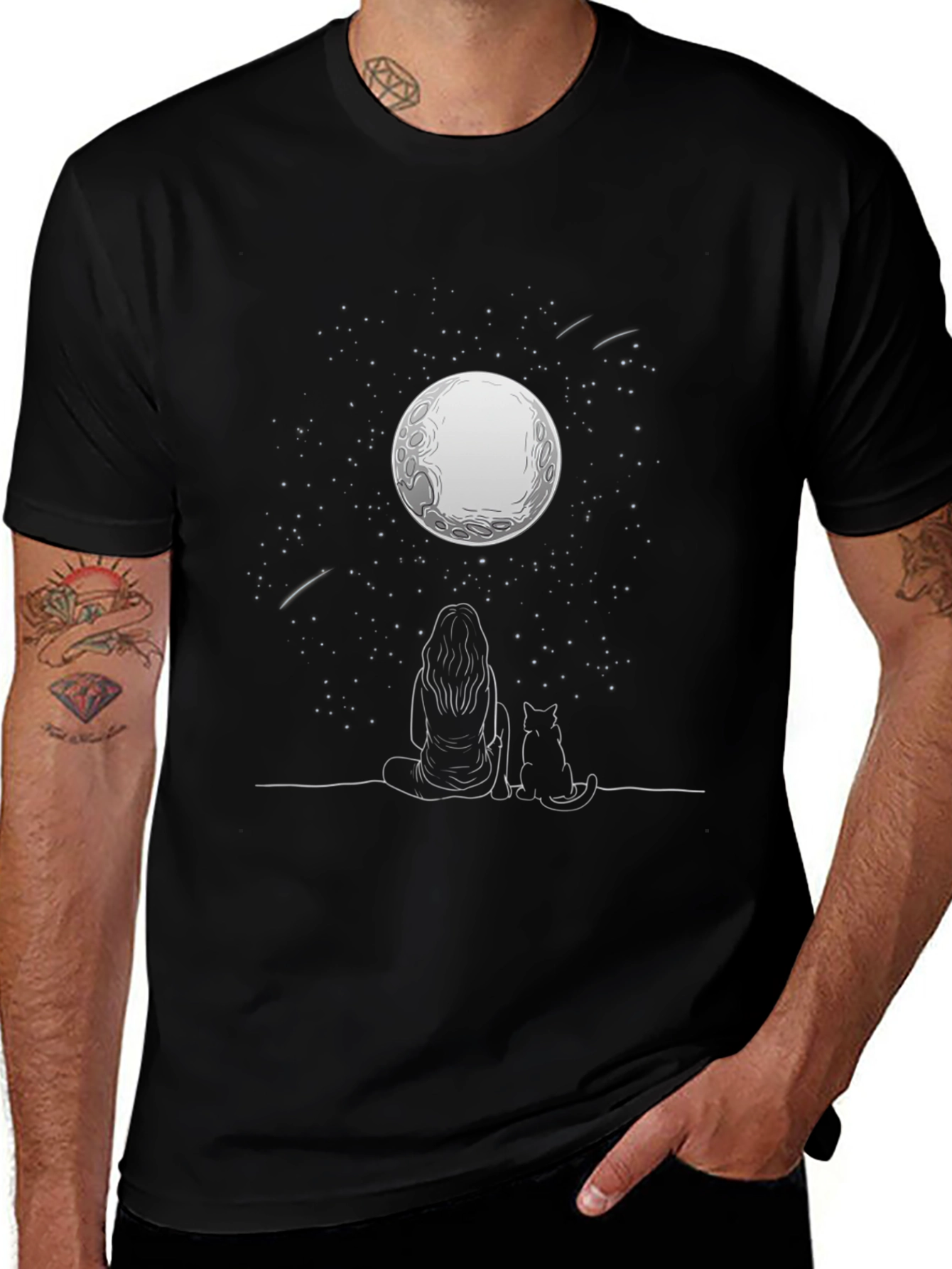 Moon Gazing Tee - Woman & Cat Under Stars