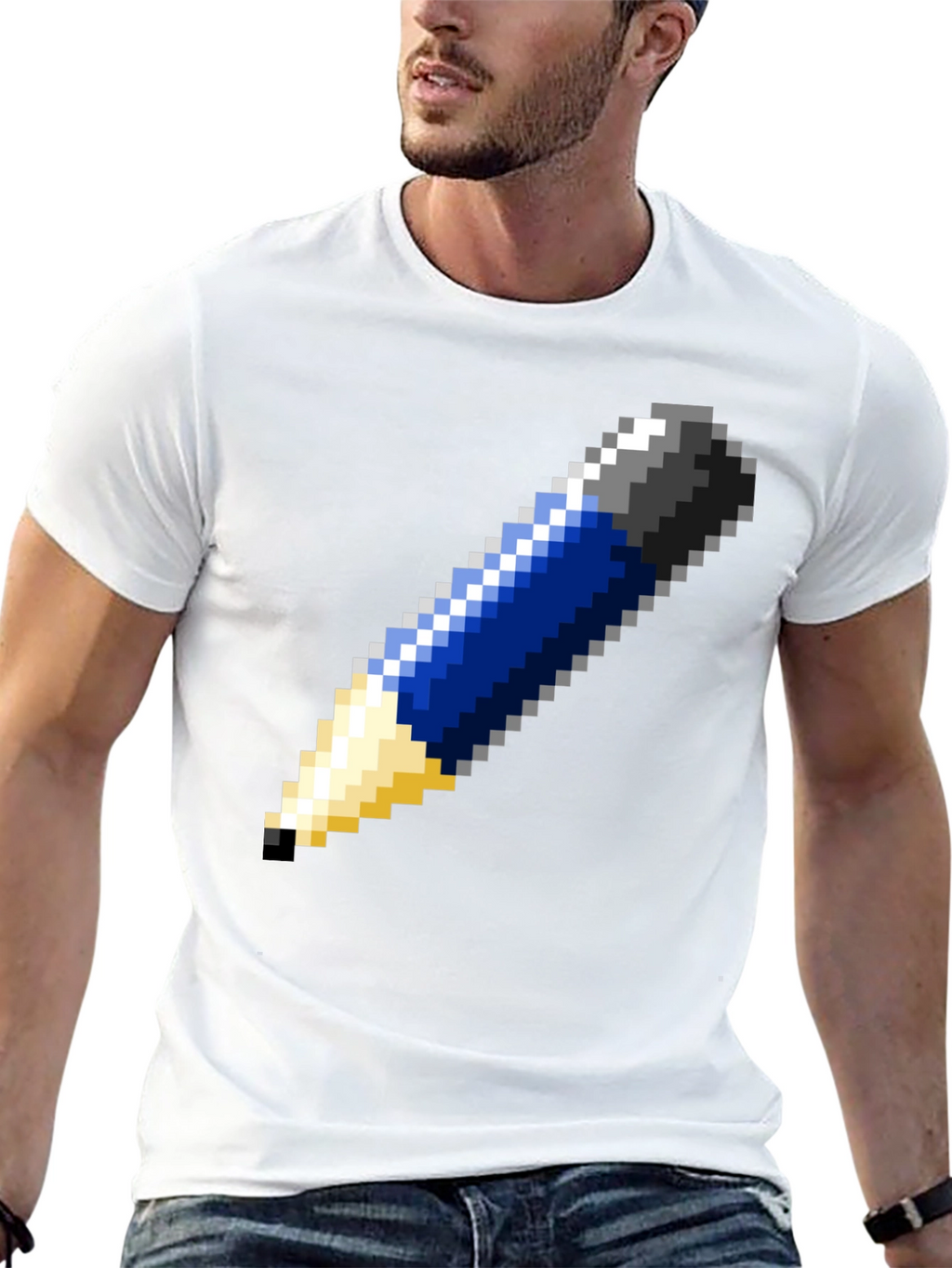 Pixel Art Pencil Graphic Tee - Black Cotton T-Shirt