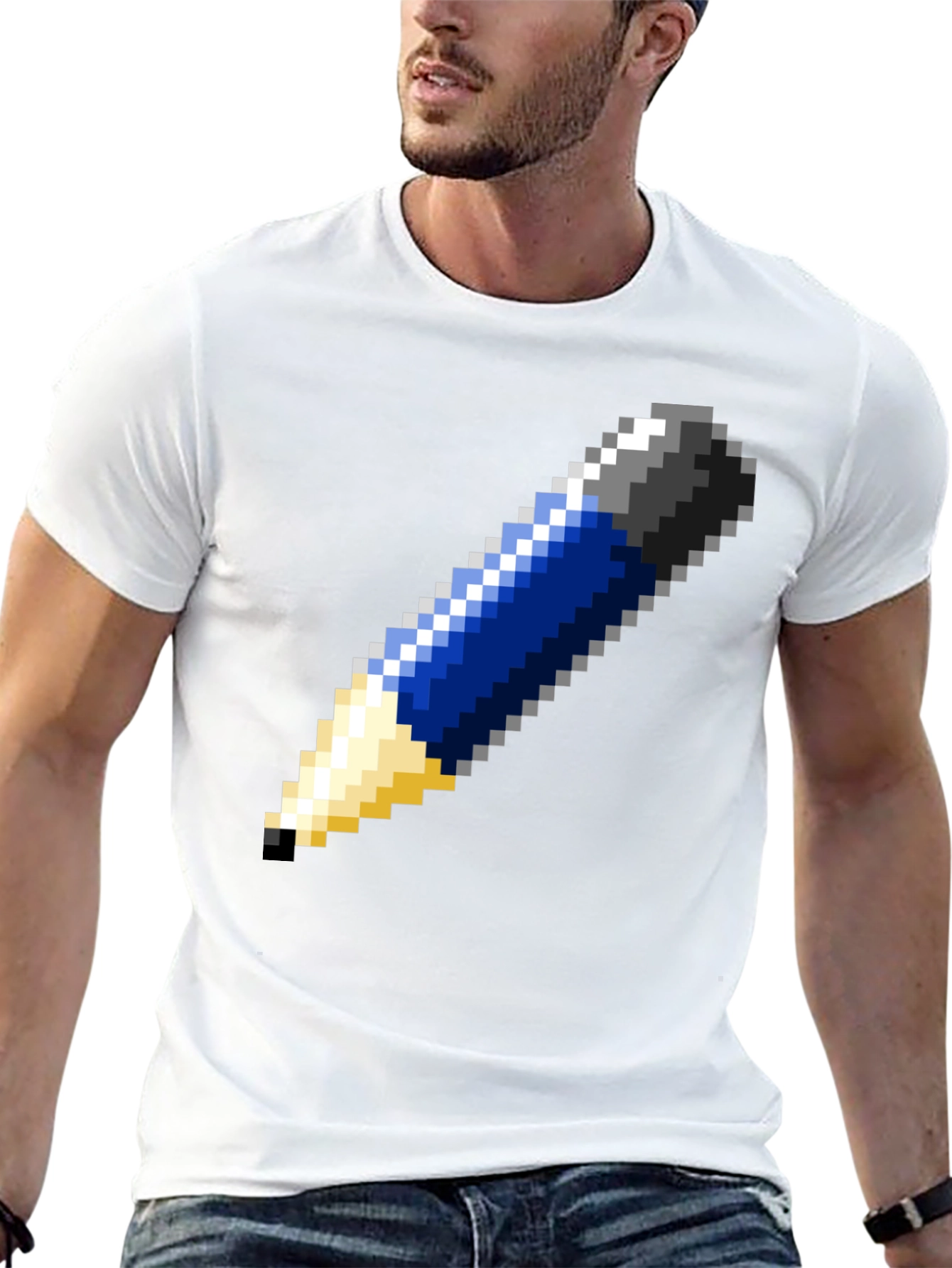 Pixel Art Pencil Graphic Tee - Black Cotton T-Shirt