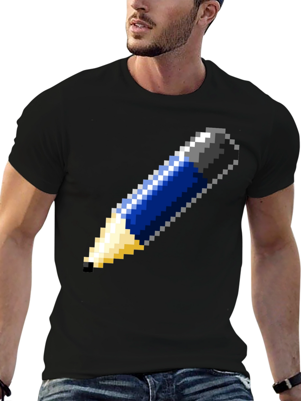 Pixel Art Pencil Graphic Tee - Black Cotton T-Shirt