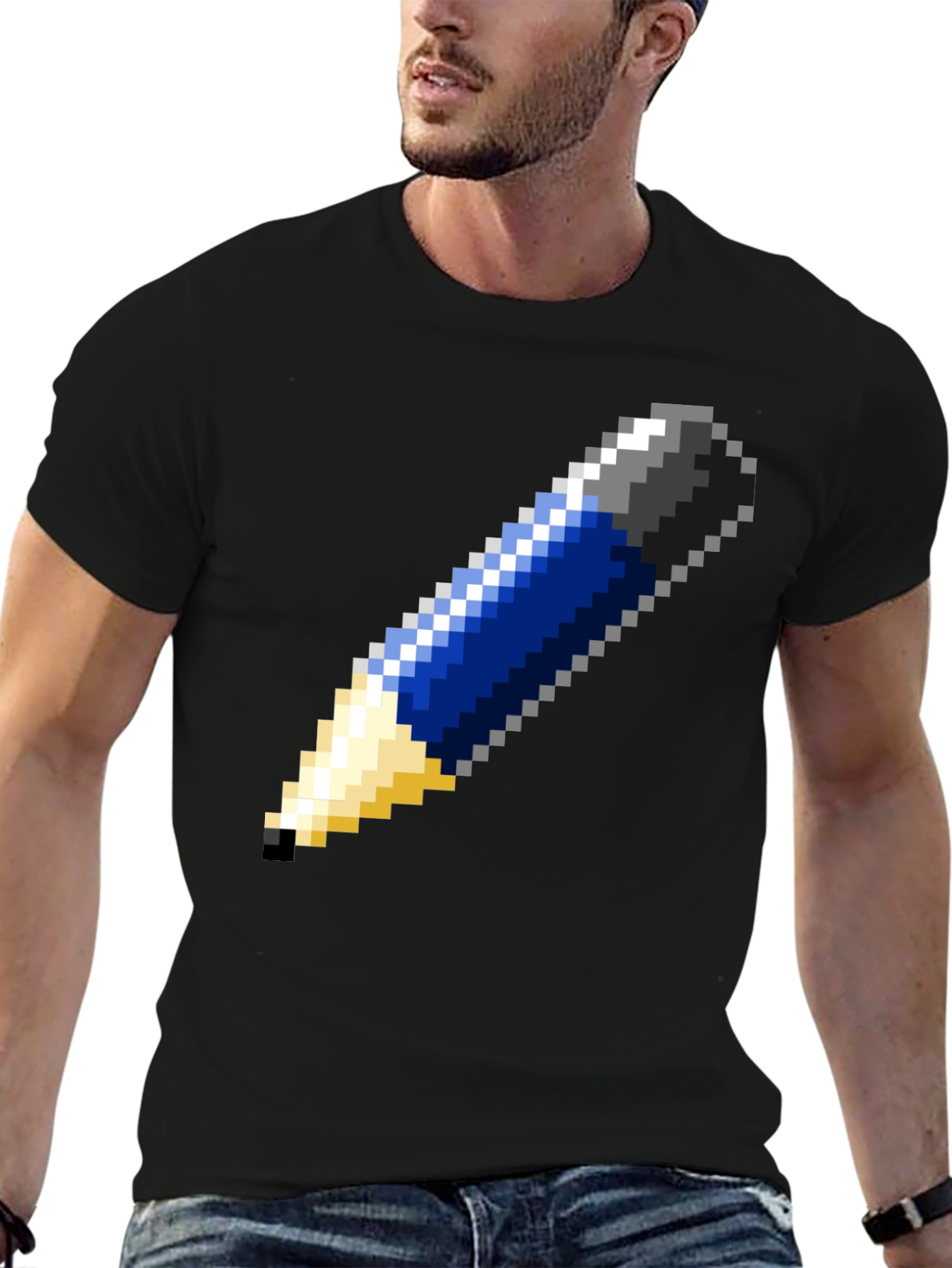 Pixel Art Pencil Graphic Tee - Black Cotton T-Shirt