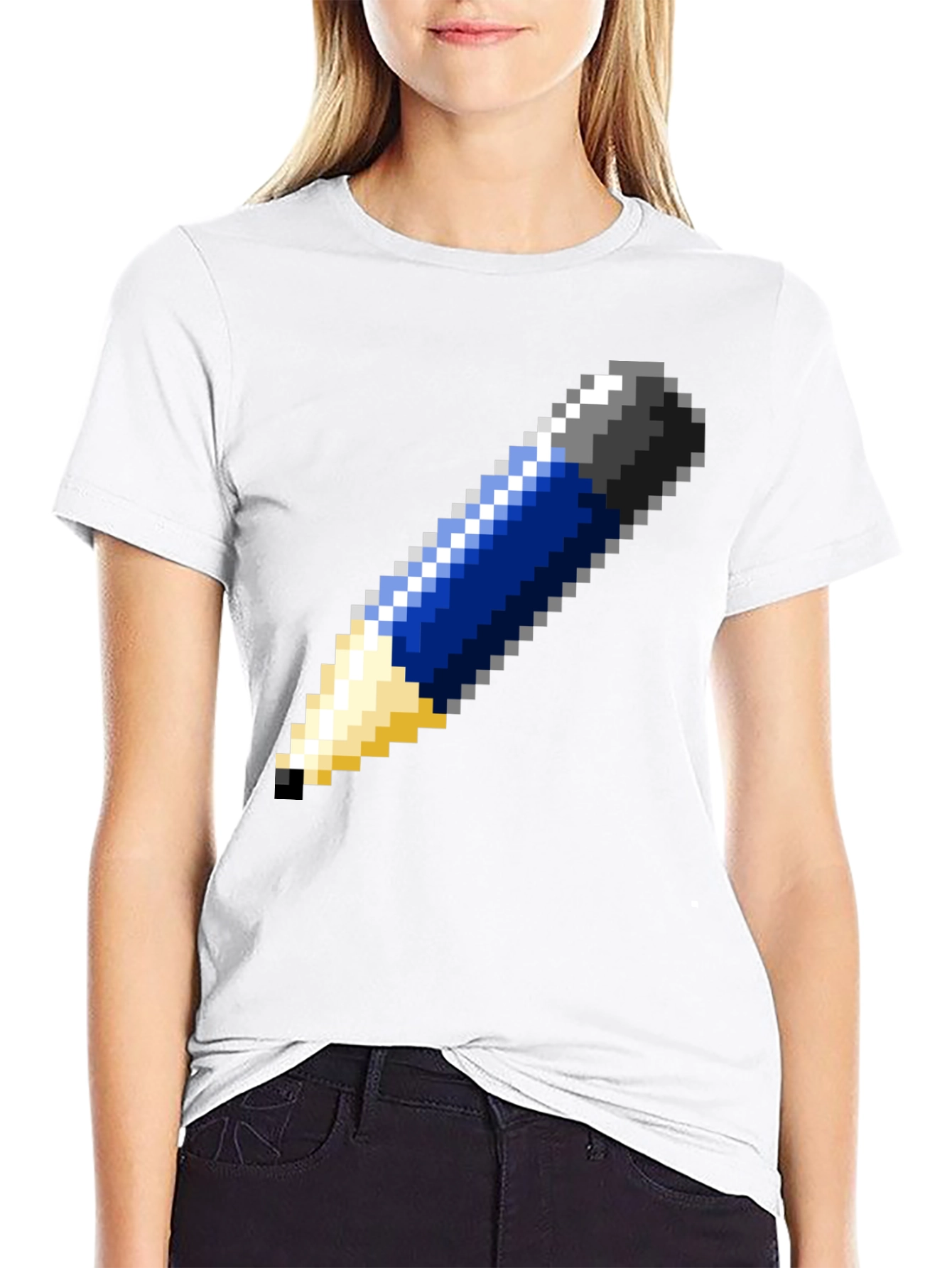Pixel Art Pencil Graphic Tee - Black Cotton T-Shirt