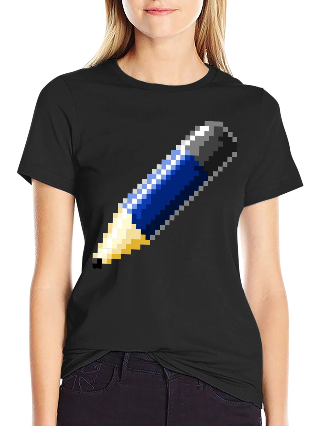 Pixel Art Pencil Graphic Tee - Black Cotton T-Shirt