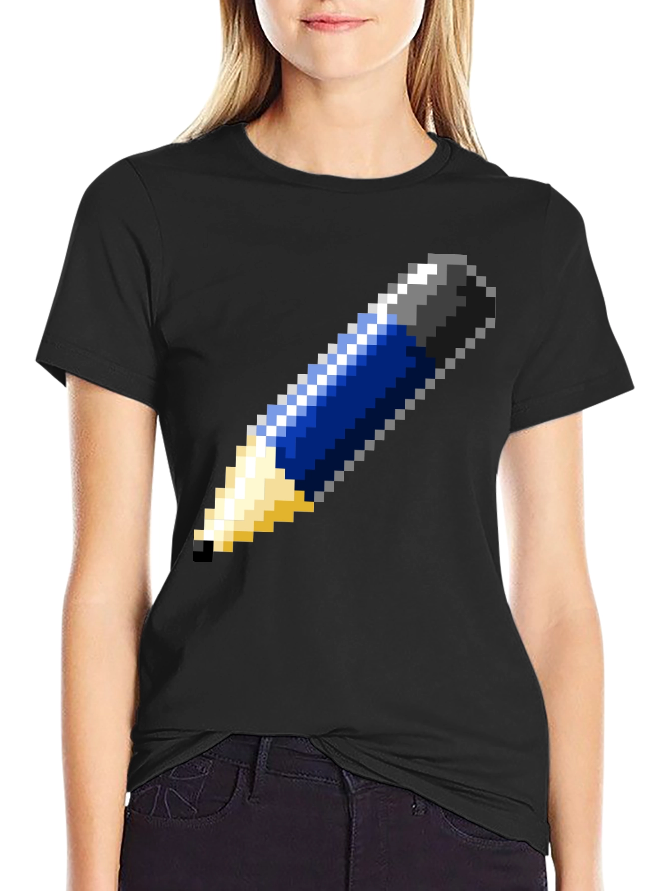 Pixel Art Pencil Graphic Tee - Black Cotton T-Shirt