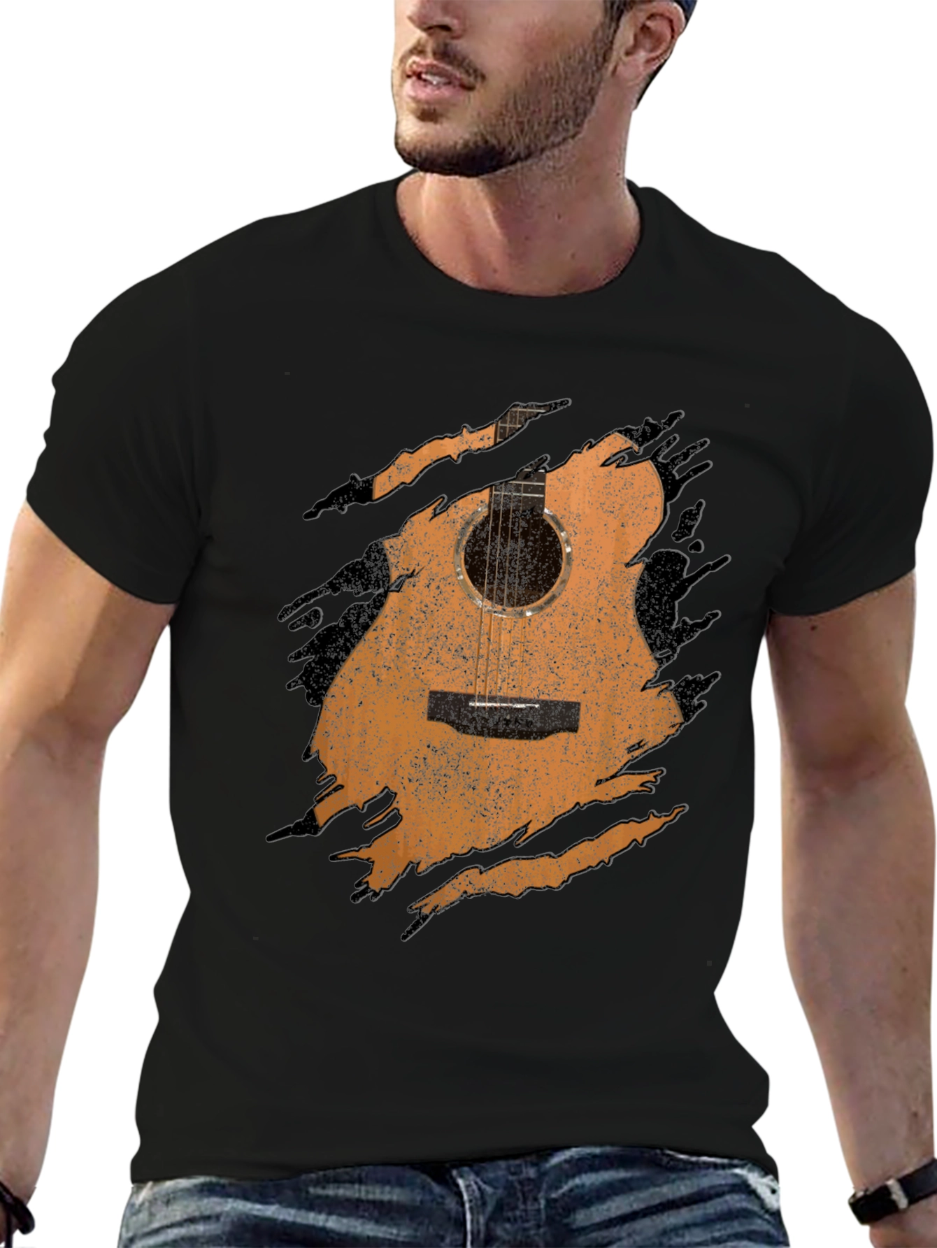 Guitar Graphic Tee - Distressed Acoustic Design Musician Shirt