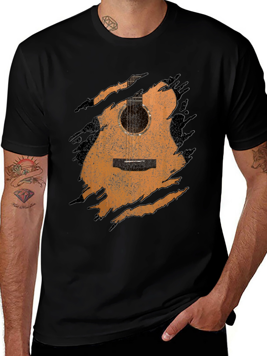 Guitar Graphic Tee - Distressed Acoustic Design Musician Shirt