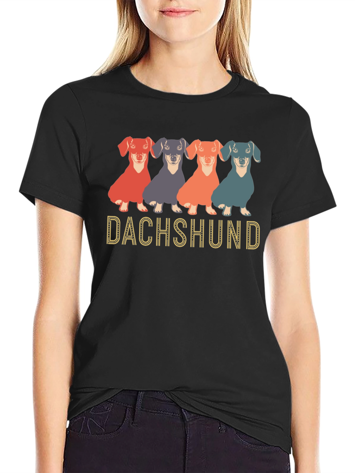 Dachshund Dog Graphic Print Crew Neck T-Shirt