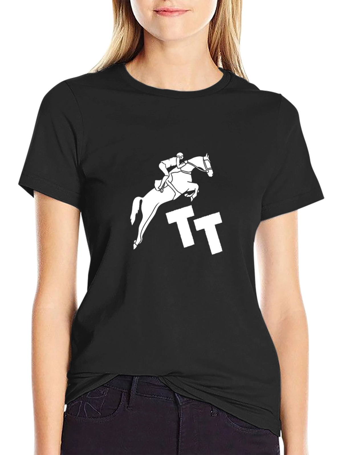 Equestrian Jump Tee - Black Cotton Graphic T-Shirt