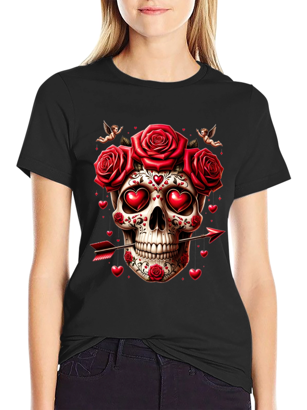 Skull Roses Hearts Arrow Valentines Day T-Shirt