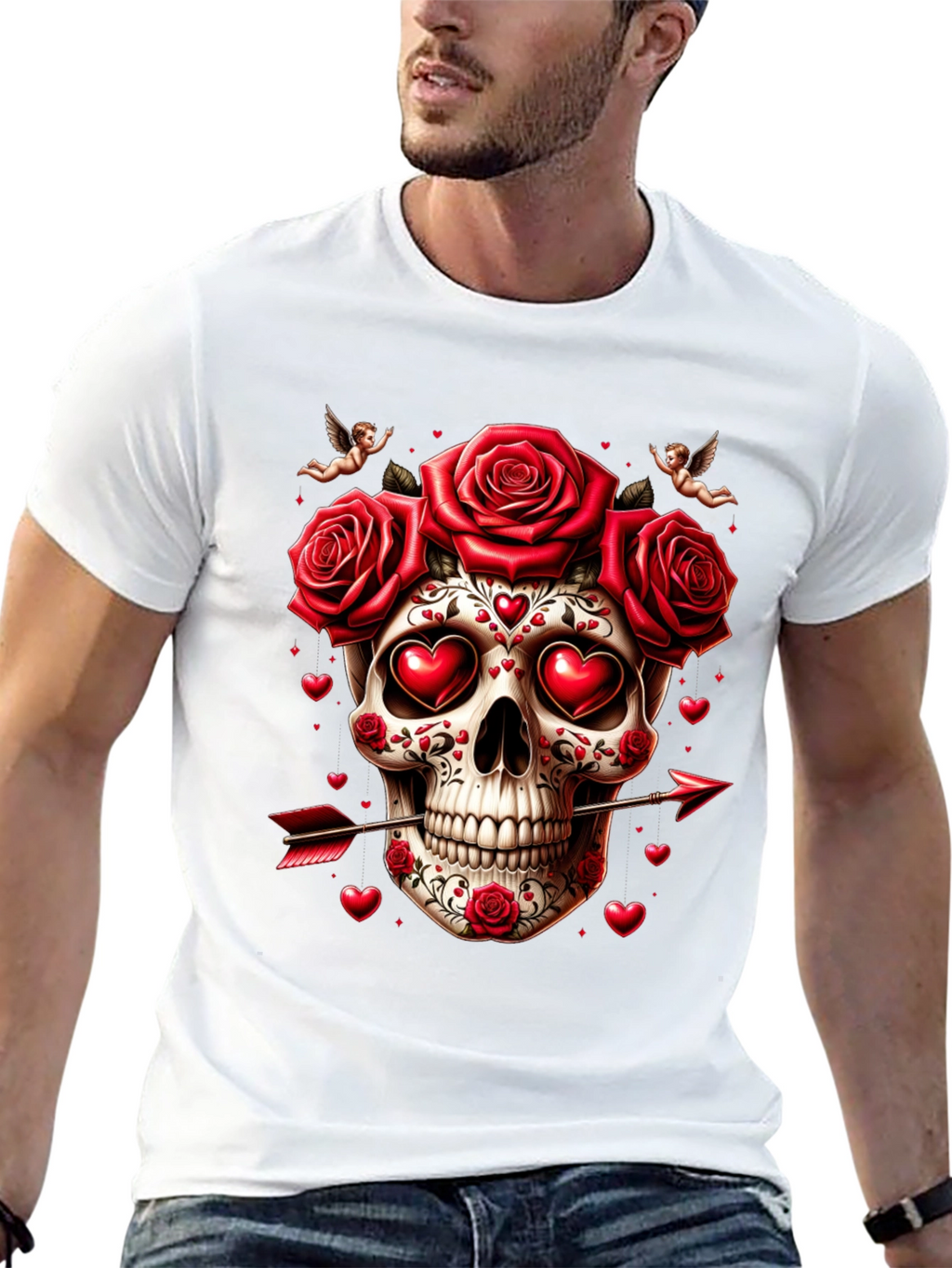 Skull Roses Hearts Arrow Valentines Day T-Shirt