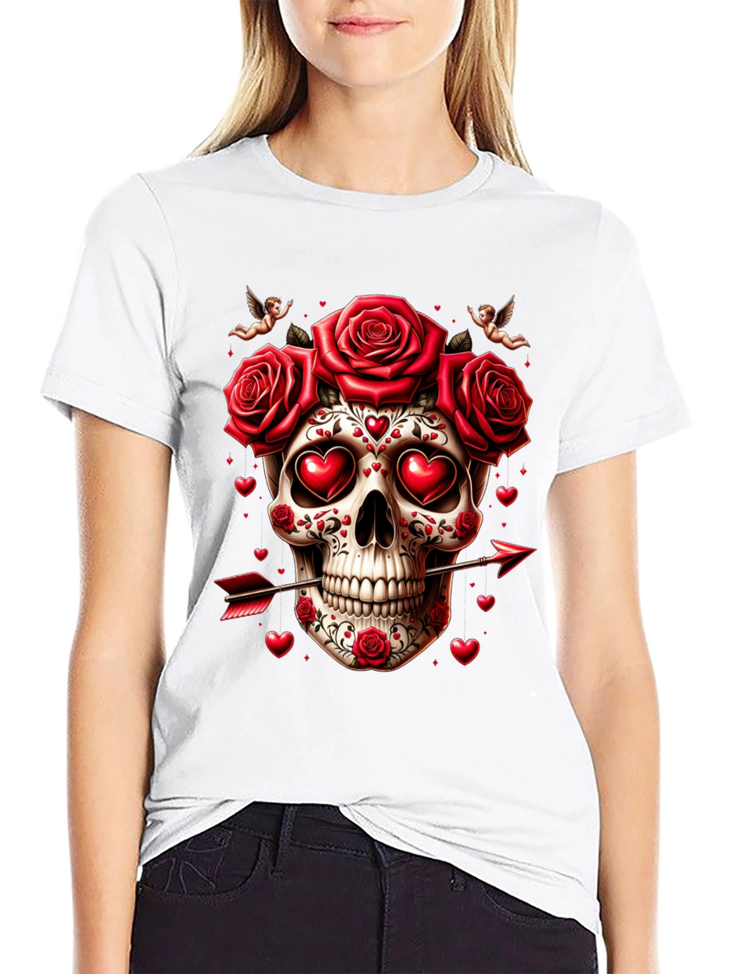 Skull Roses Hearts Arrow Valentines Day T-Shirt