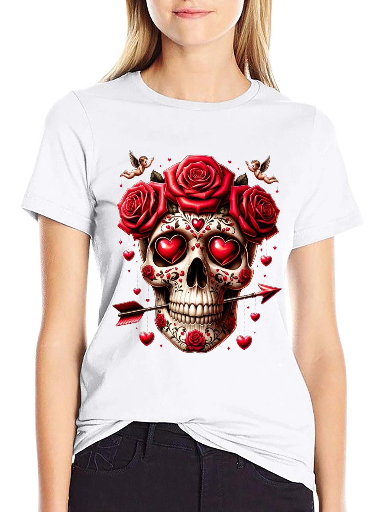 Skull Roses Hearts Arrow Valentines Day T-Shirt