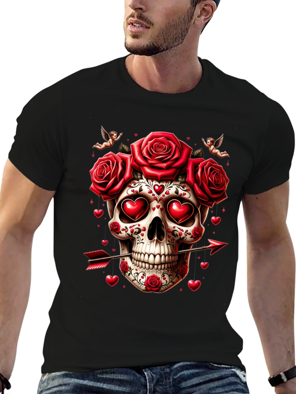 Skull Roses Hearts Arrow Valentines Day T-Shirt